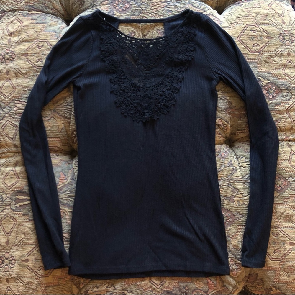 Hollister XS Long Sleeve Shirt Lace Black Rib Knit Keyhole